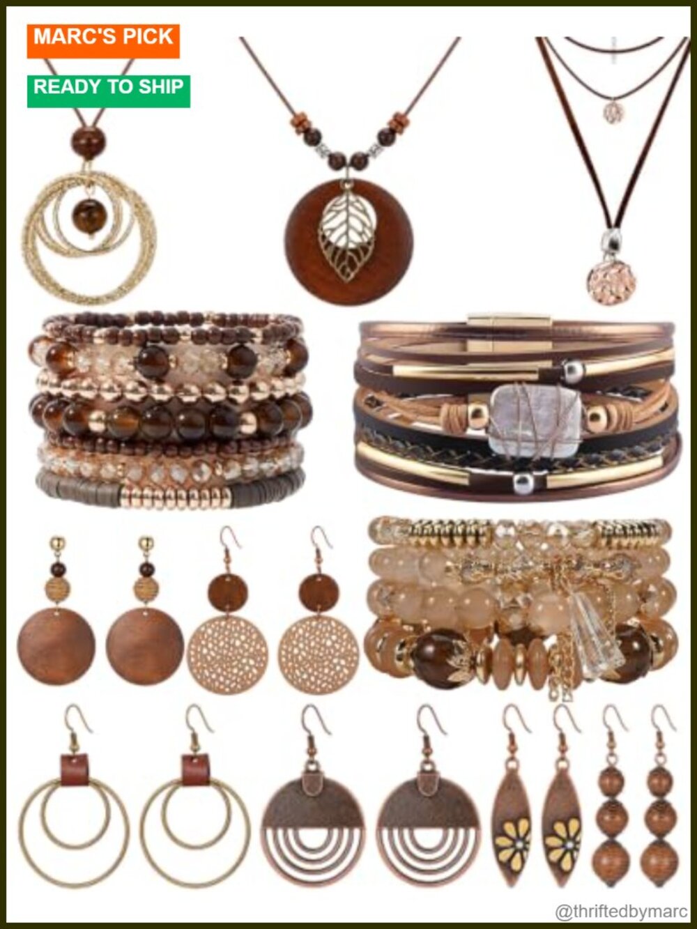 Boho Jewelry Set Wood Alloy Long Pendant Necklaces Dangle Earrings Bracelets